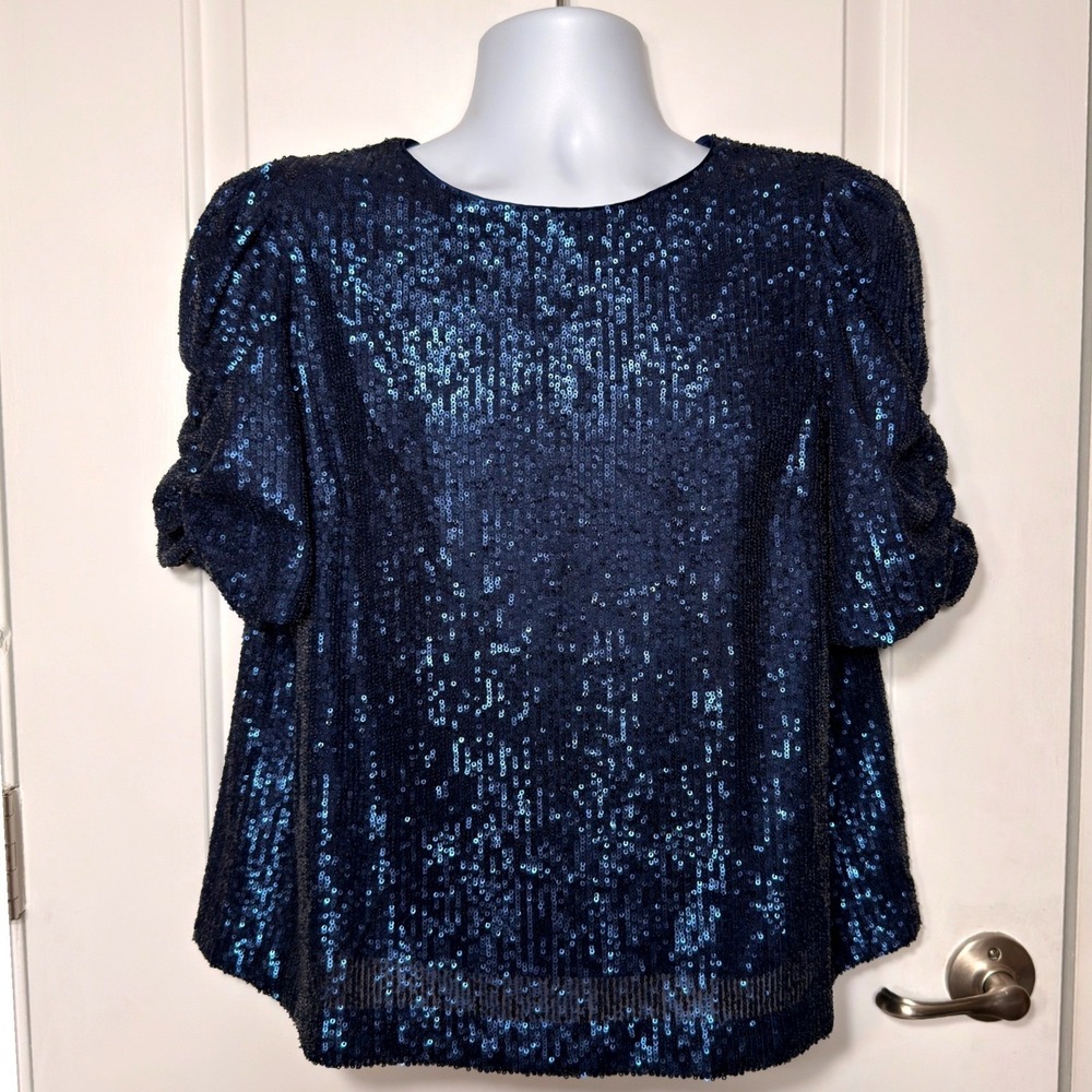 Anthropologie Navy Blue Sequin Puff Sleeve Blouse Party Holiday Top Size 12 NEW